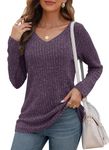 WNEEDU Long Sleeve Shirts for Women Lightweight V Neck Sweaters Casual Loose Tunic Tops Dark Purple L