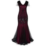 Flapper Dresses 1920s Gatsby - Womens Vintage V Neck Beaded Sequin Mermaid Hem Formal Evening Party Dresses Plus Size Cocktail Maxi Gown Prom Halloween Fancy Dress Costume Black + Red 2XL