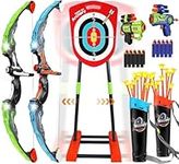 FINCOME Bow and Arrow Kids 8-12, 2 in 1 Archery Set Shooting Games Toys with Movable Standing Target, 20 Suction Cup Arrows/2 Light Up Bows/2 Quiver/2 Foam Dart Guns, Indoor & Outdoor Games Gifts