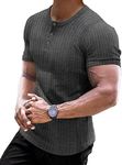 Muscle Cmdr Men's Ribbed Henley Shirt Slim Fit Muscle Shirt Fitted Cotton Short Sleeve Casual Summer T-Shirt Dark Grey/S