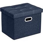 COSYLAND Storage Ottoman Foot Rest - 17x13x13in Folding Ottoman Foot Stool Footrest Seat Linen Fabric Ottoman Small Rectangle Collapsible with Handles Organizer Entryway Furniture with Lid Navy