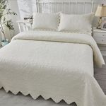 Brandream King Size Quilt Set Cotton Cream Yellowish White Luxury Matelasse Bedding Coverlet Set Scalloped Quilted Bedspreads 3-Piece