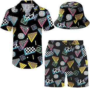 Men's 2 Piece Tracksuit Retro 80s 90s Graphics Hawaiian Shirt Shorts Button Down Shirt and Shorts Sets with Bucket Hats Xx-Large