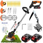 Garden Cordless Strimmer, Electric Grass Strimmer with 2 X 21V Batteries and UK Charger, Metal Blade Strimmer with 3 Different Blade Types, Brush Cutters for Garden and Lawn Mowing