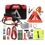 Blikzone 82- Pc Auto Roadside Assistance Emergency Essentials Digital Car Kit Truck & RV with Tire Repair Kit, Jumper Cables, Portable Air Compressor, Tow Strap, Emergency Triangle