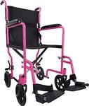 Aidapt Compact, Lightweight Folding Steel Transit Wheelchair with SOLID WHEELS. Lap Strap included, Padded PVC Armrests, Detachable Swing Away Footrests, Deluxe Padded Nylon Upholstery. 19" SEAT WIDTH. Carry Bag available to purchase separately. (PINK)