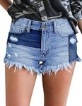 luvamia Women's High Waisted Shorts Frayed Raw Hem Ripped Patchwork Denim Jean Shorts Colorblock Blue, Size Meduim