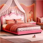 Full Size Upholestered Princess Bed with Crown Headboard, Pink Bed Frame with headboard and Footboard, Suitable for Children, Girls and Teenagers.