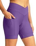 Women's Bike Shorts 4D Padded Cycling Shorts Crossover Waist Biking Shorts with Pockets Bicycle Riding, Purple, Small