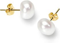 BURLAP LIFE Gold Plated 925 Sterling Silver Freshwater Real Button Pearl Stud Earrings Quality Pearl Earrings for Women, White Pearl 10mm-11mm