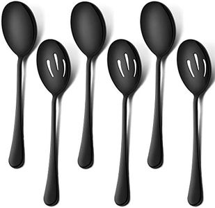 LIANYU 6-Piece Large Black Serving Spoons, Black Slotted Spoons, Stainless Steel Serving Utensils for Party Buffet Restaurant Banquet Dinner Catering, 9.8Inch, Dishwasher Safe