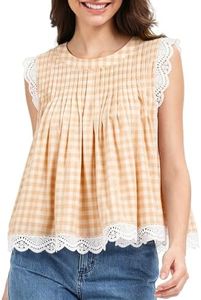 CUFEZN Womens 2026 Summer Gingham Tops Sleeveless Ruffled Lace Trim Round Neck Y2K Babydoll Going Out Tops Apricot Plaid Small
