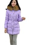 Gaorui Women Winter Fur Collar Duck Down Coat Hooded Jacket Slim Long Parka Outwear Purple