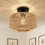 Boho Light Fixtures Ceiling Mount, Mini Rattan Chandelier Light Fixture with Dimmable LED Bulb,Hand Woven Ceiling Light Fixtures Flush Mount for Hallway Bedroom Kitchen Entryway Living Room