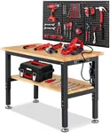 ENJOYWOOD Adjustable Height Work Bench 48 x 20 Workbench for Garage Work Table with Under Table Shelf for Shop Woodworking, Heavy Duty Rubber Wood Top for Office, Home, Commercial