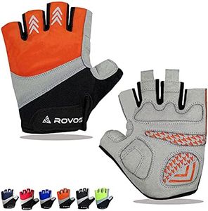 Rovos Cycling Gloves - Men & Women's 5mm Padded Half Finger Breathable Mountain & Road Biking Gloves (Orange, Medium)