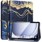 MoKo Case for Samsung Galaxy Tab A9 Plus 11" 2023 (SM-X210/SM-X216/SM-X218), PU Leather Multi-Angle Viewing Folding Stand Cover Case with Hand Strap, Front Pocket, Auto Wake/Sleep, Marble Blue