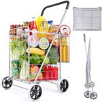 Folding Shopping Cart with Double Baskets, Collapsible Grocery Rolling Utility Cart on Wheels, Metal Trolley with Mesh Bottom, Compact Lightweight Wagon for Groceries, Camping, Luggage, Laundry