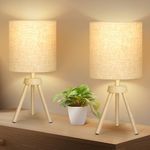 OUTON Wooden Tripod Table Lamps Set of 2, LED Dimmable Bedside Lamps with Linen Lampshade, Mid-Century Nightstand Lamp for Nursery, Bedroom, Kid Room, Living Room,Office,5W 3000K Bulb Included(Wood)