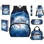 Showudesigns Water Baseball Backpack for Girls Boys With Lunch Box 7pcs/Set Kids Bookbag Elementary School Bag Pencil Case Water Bottle Carrier Book Sleeves Book Cover Key Chain Wrist Lanyard Daypcak