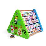 N2K2 ENTERPRISE 4 in 1 Wooden Activity Triangle Cube|Alphabet Blocks, Abacus, Shape Shorter, Zig Zag Sliding Cartoon Figure Maze|Counting Beads Toys for Babies Montessori Learning Toy for Kids