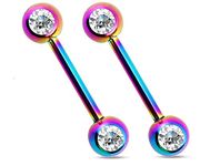 Pierced Owl Titanium IP Double Cz Nipple Bars Barbells Rings - 14G 316L Stainless Steel - Sold as a Pair (Rainbow)