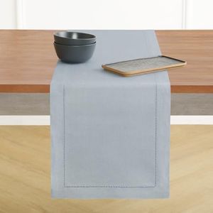 Solino Home Linen Table Runner 156 Inches Long - 100% Pure Linen Dusty Blue Table Runner 14 x 156 Inch for Spring, Summer - Classic Hemstitch