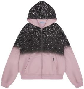 Aelfric Eden Rhinestone Zip Up Hoodies Boxy Acid Wash Jackets Pink XL