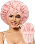 Satin Bonnet for Women Silk Bonnets for Sleeping Curly Hair Bonnet with Tie Band Double Layer Sleep Cap Hair Wrap, Pink, 7-7 3/8