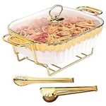 YURIKACHARM Ceramic Food Warmer, White Chafing Dishes Buffet Set with 2 Gold Serving Tongs (Medium 1.9 quarts)