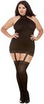 Dreamgirl Women's Plus Size Semi-Sheer Halter Garter Dress with Thigh High Stockings, Black, O/SQ