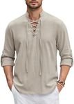 COOFANDY Men Pure Cotton Shirts Long Sleeve Lace Up Costume Renaissance Medieval Shirt Linen Halloween Cosplay