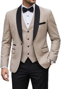 YND Men's 3 Piece Slim Fit Tuxedo Suit Set, One Button Shawl Collar Solid Business Blazer Jacket Vest Pants with Bow Tie, Beige