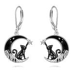 VONALA Moon Cat Earrings for Women 925 Sterling Silver Cat Jewelry Gifts Black Cat Leverback Earrings Mountain Dangle Black Moon