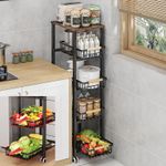 CarolynDesign Metal Wire Baskets with Wheels, Kitchen Storage Stackable Vegetable Fruit Cart Bins with Pull Out Wooden Handel Mat Bottom Sliding Dawers, for Bathroom, Garage and Pantry