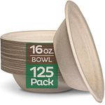 100% Compostable 16 oz. Paper Bowls [125-Pack] Heavy-Duty Disposable, Bulk Pack, Eco-Friendly Natural Unbleached Bagasse, Hot or Cold Use, Biodegradable Made of Sugar Cane Fibers