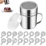 Chocolate Shaker - Powder Sifter, Stainless Steel Duster Mesh Can, Sugar Salt Shaker, Coffee Sprinkle, Powder Can Set with 16 Coffee Molds for Cake Decorating, Baking, Cappuccino, Cocoa