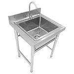 Single Bowl Stainless Steel Commercial Kitchen Sink 1 Compartment with Faucet Utility Sink Extra-Deep Laundry Tub in Silver, Heavy Duty Floor Mounted Freestanding Wash Station