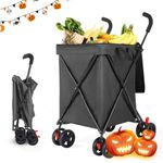 Collapsible Folding Utility Wagons Carts Heavy Duty Foldable Large Capacity Beach Wagon with 4 Wheels for Indoor/Outdoor Camping Shopping Sports Garden (Black)