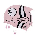 Primalite Swim Caps for Kids- Aged 3-12, Happy Fish Cartoon Design, Silicone Waterproof Comfy Bathing Cap Swimming Hat for Long & Short Hair, Waterproof Stretchy for Children, Boys & Girls- Pink