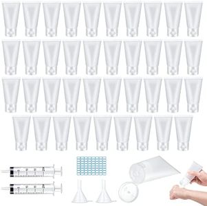 JNWYH Juego de 60 botellas de viaje de 30 ml, recipientes de viaje, cosméticos, tubos vacíos para llenar con 2 embudos de plástico, 2 jeringas de 20 ml y 1 juego de etiquetas