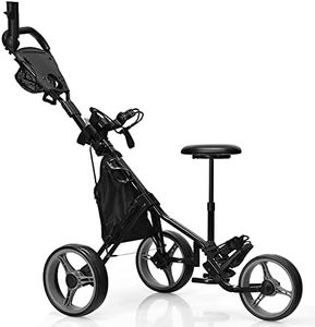 GYMAX Golf Push Cart, Foldable 3-Wheel Height Adjustable Lightweight Golf Caddy Cart with Umbrella Holder, Hydraulic Seat, Storage Bag & Cup Holder, Golf Trolley for Club (Gray)