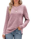 Odosalii Sweater for Women Trendy Long Sleeve Tops Solid Color Comfy Round Neck Pullover Basic Loose Fit Tunic Tops Lightweight Stripe Jumpers