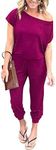 PRETTYGARDEN Women's Loose Solid Off Shoulder Elastic Waist Stretchy Long Romper Jumpsuit (Purple,3X-Large)