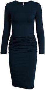 Missufe Long Sleeve Ruched Casual Sundress Women's Knee Length Bodycon Sheath Dress (Dark Blue, Large)