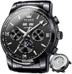 OLEVS Man Watch Automatic Mechanical Self Winding Watches for Men Wrist Watches Calendar Week Display Waterproof Black Steel Luxury Dress Swiss Made Moonphase Wristwatch Black Dial,reloj para Hombre