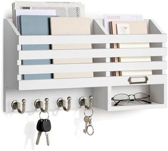 FifthQuarter Key Holder for Wall: Easy Mounted Key Rack and Mail Organizer with Store Shelf and Four Sturdy Keys Hooks Decor in Kitchen|Farmhouse|Entryway|Mudroom (White)