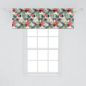 Lunarable Vintage Palm Window Valance Pack of 2, Pattern of Colorful Graphic Image of Endemic Island Flowers Hawaiian Theme, Rod Pocket Curtain Valances for Kitchen Bedroom, 54" X 18", Green Ruby