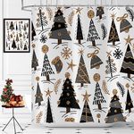 Christmas Shower Curtain 180x180, Hnmdmyi Black and Gold Xmas Tree Stars Winter Snowflake Holiday Farmhouse Bathroom Curtains with Hooks Waterproof Polyester Fabric Washable Bath Curtains for Wet Room