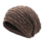 ZLYC Winter Knit Slouchy Beanie Hat for Men Women Thick Fleece Lined Baggy Skull Cap, Solid Brown, One Size-Large